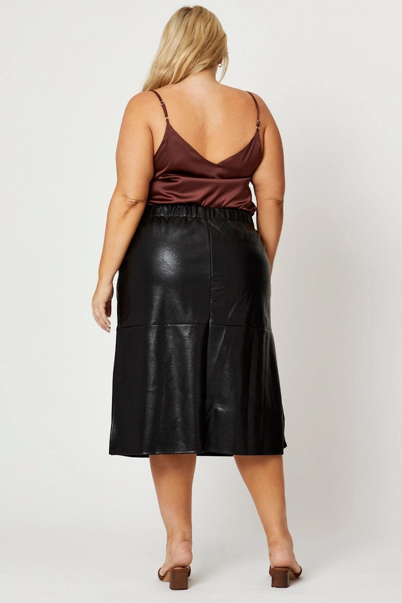 All Season Wear Creative Layering Black Midi Skirt Faux Leather