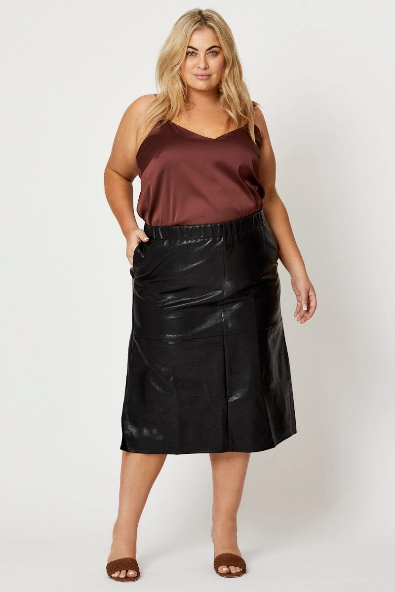 Breezy Fit Semi Sheer Black Midi Skirt Faux Leather