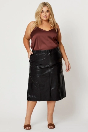 Breezy Fit Semi Sheer Black Midi Skirt Faux Leather