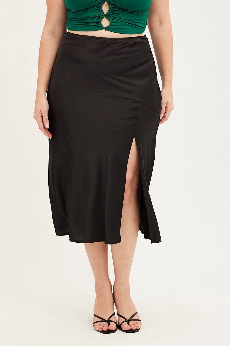 Black Midi Skirt High Waist Split Satin Washable fabric Oversized style