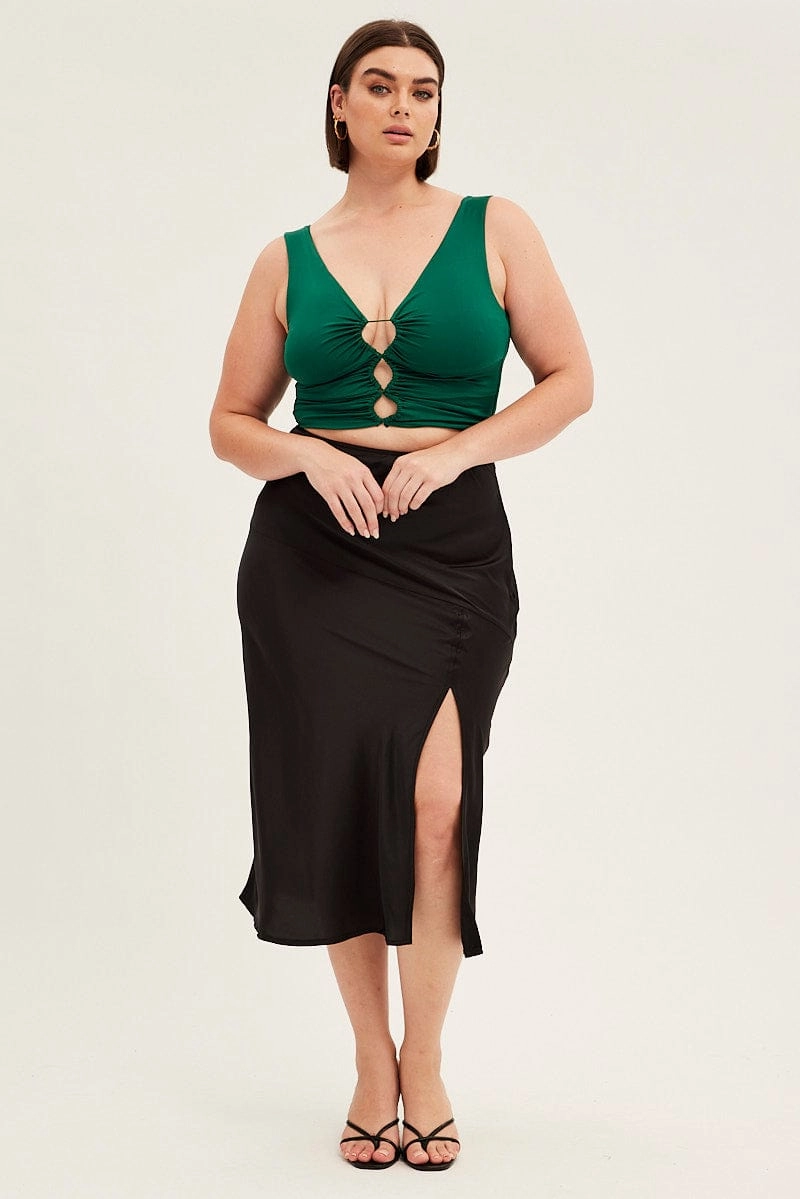 Breathable Lining Black Midi Skirt High Waist Split Satin
