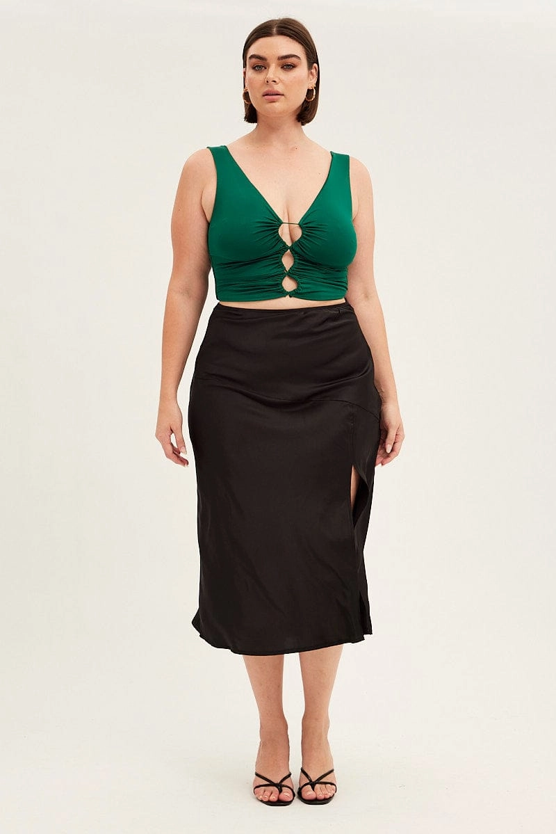 Black Midi Skirt High Waist Split Satin Smooth Cut