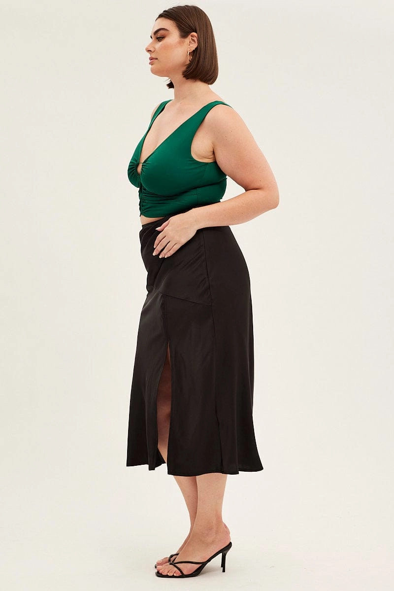 Hand Stitched Contoured Waist Black Midi Skirt High Waist Split Satin