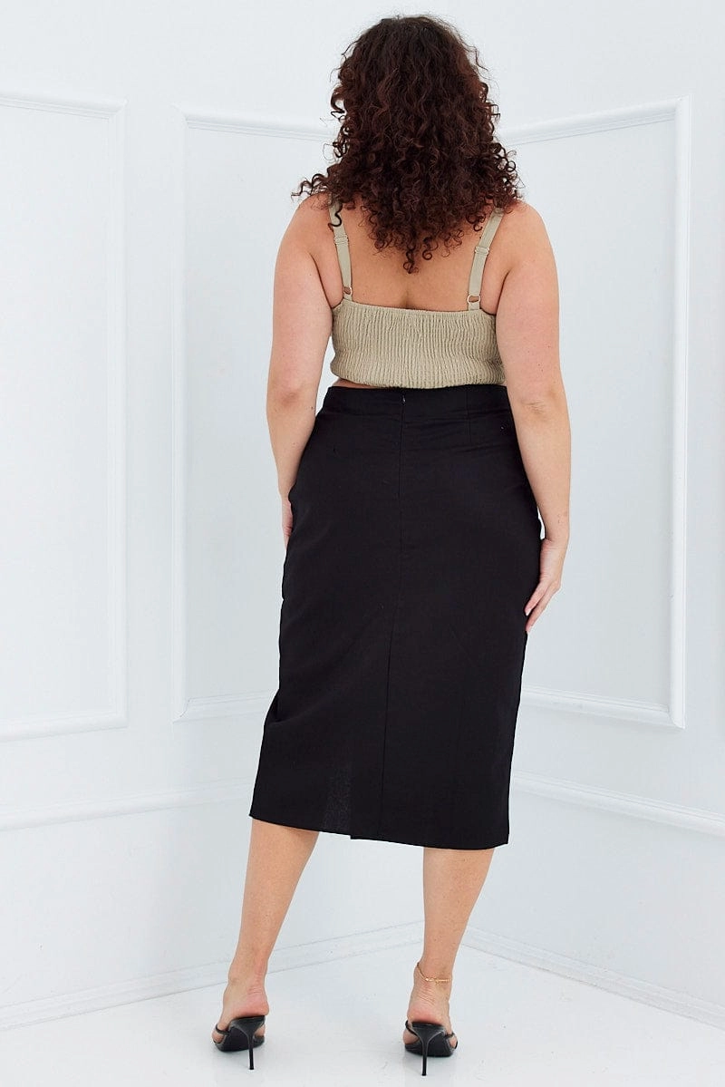 Non Restrictive Black Midi Skirt Slim Fit Split Cotton