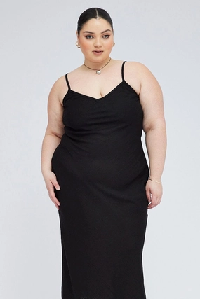 Glossy Detail Black Midi Slip Dress Linen Blend