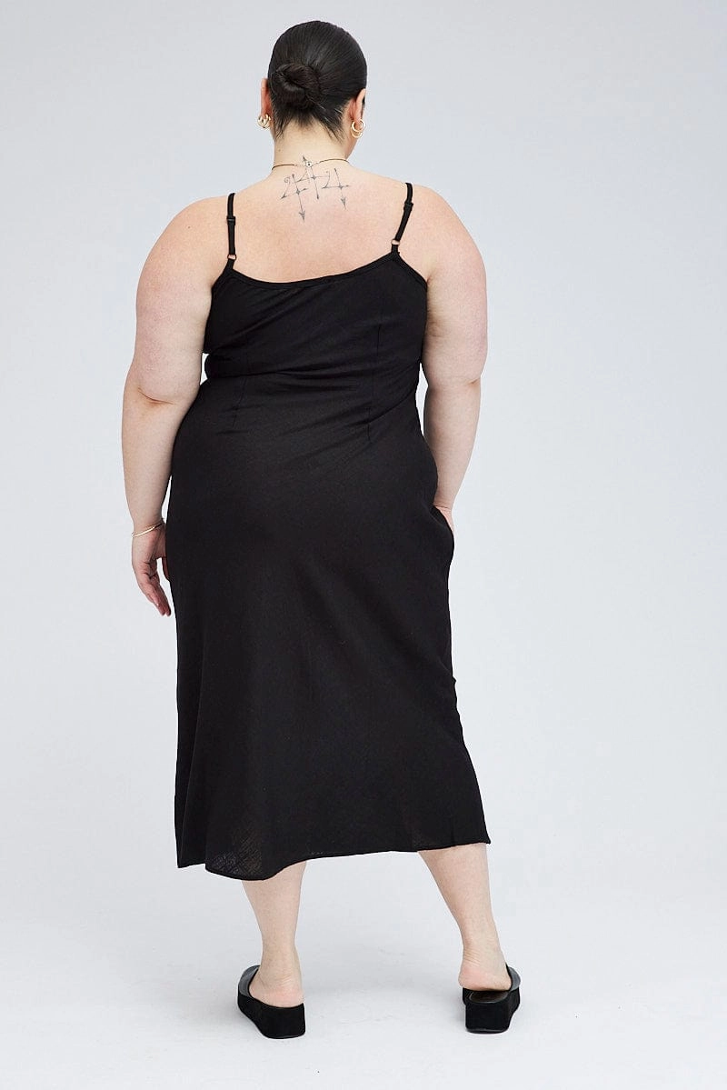 Elegant knee-length dress Guest Shine Black Midi Slip Dress Linen Blend