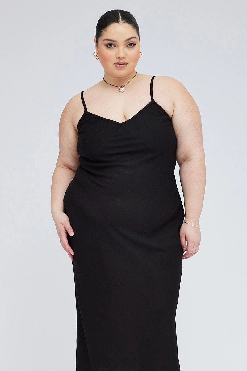 Glossy Detail Black Midi Slip Dress Linen Blend