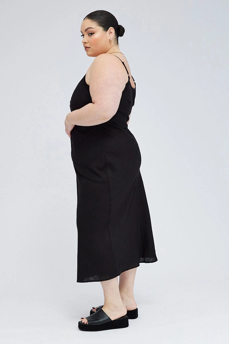 Subtle Edge Ruched-Detail Black Midi Slip Dress Linen Blend