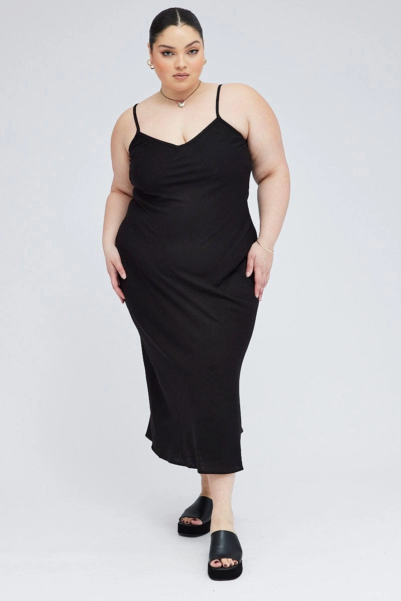 Saturated Hue Breathable Layering Black Midi Slip Dress Linen Blend