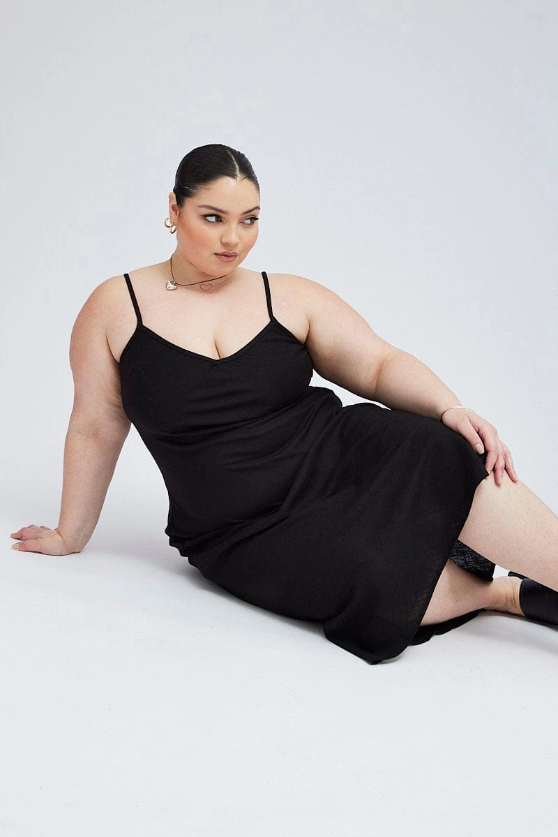 Soft Tone Black Midi Slip Dress Linen Blend