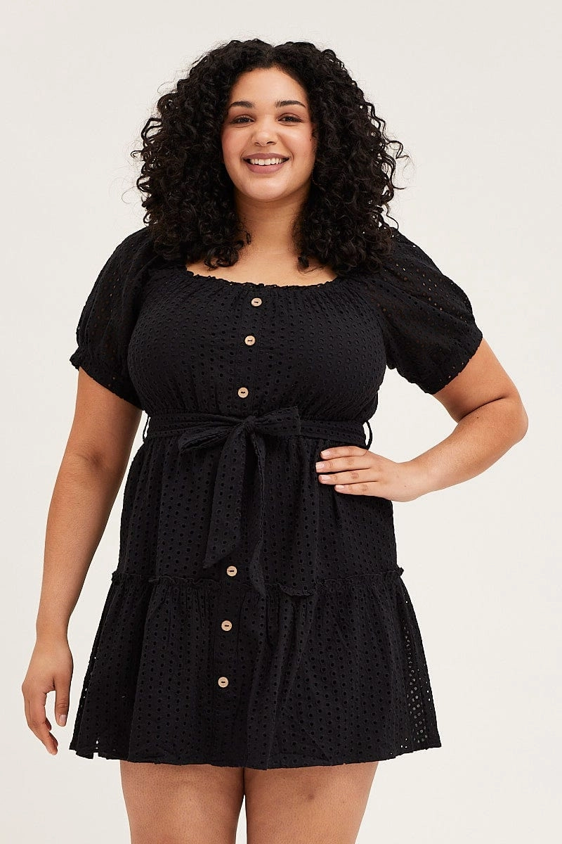 Black Mini Dress Off Shoulder Short Sleeve Lace Dream Look Embroidered Fabric