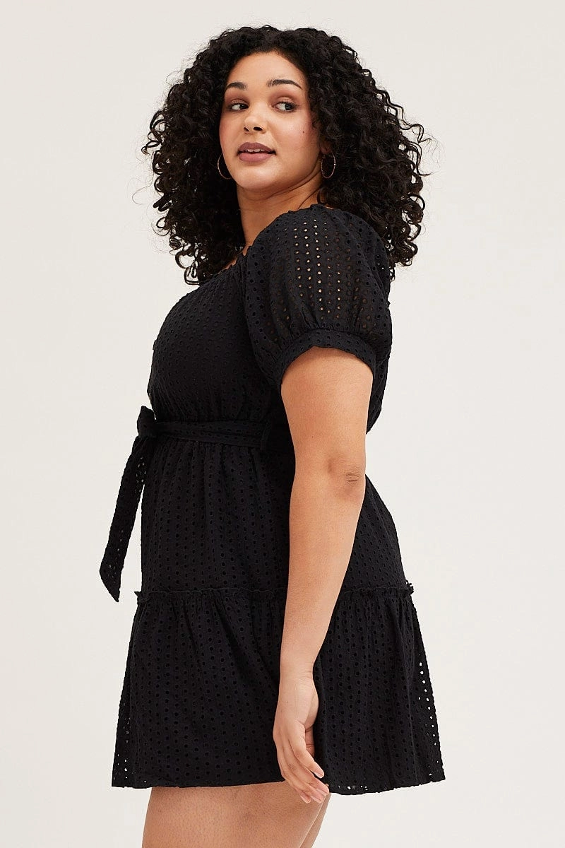 Black Mini Dress Off Shoulder Short Sleeve Lace Natural Form Perfectly Fitted