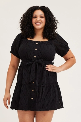 Black Mini Dress Off Shoulder Short Sleeve Lace Dream Look Embroidered Fabric