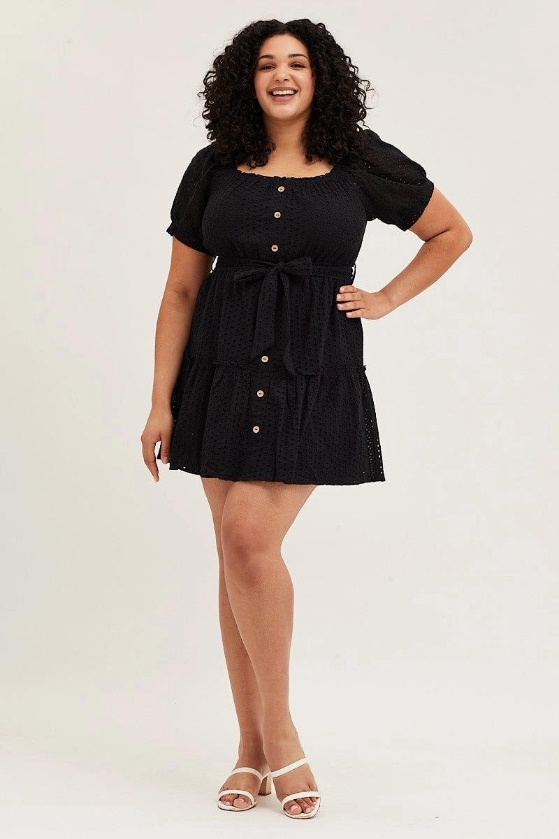 Black Mini Dress Off Shoulder Short Sleeve Lace Timeless Fit Artisanal-Detail