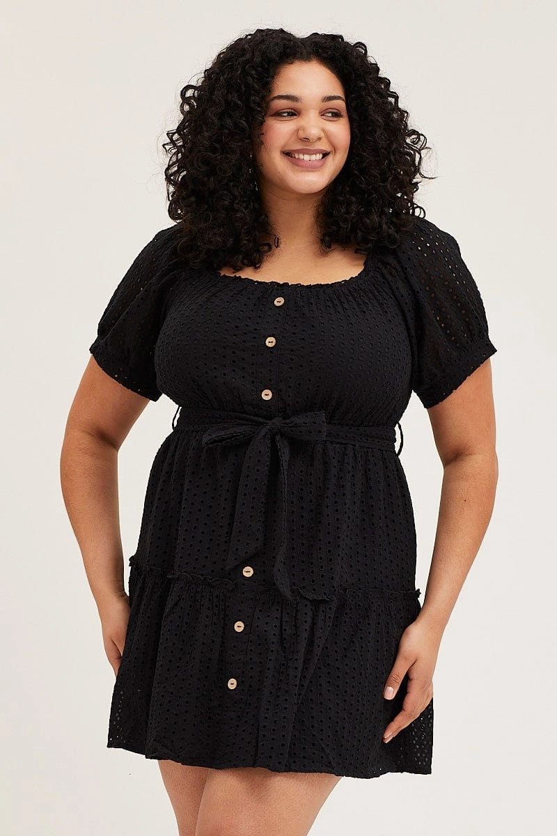 V Neckline Black Mini Dress Off Shoulder Short Sleeve Lace