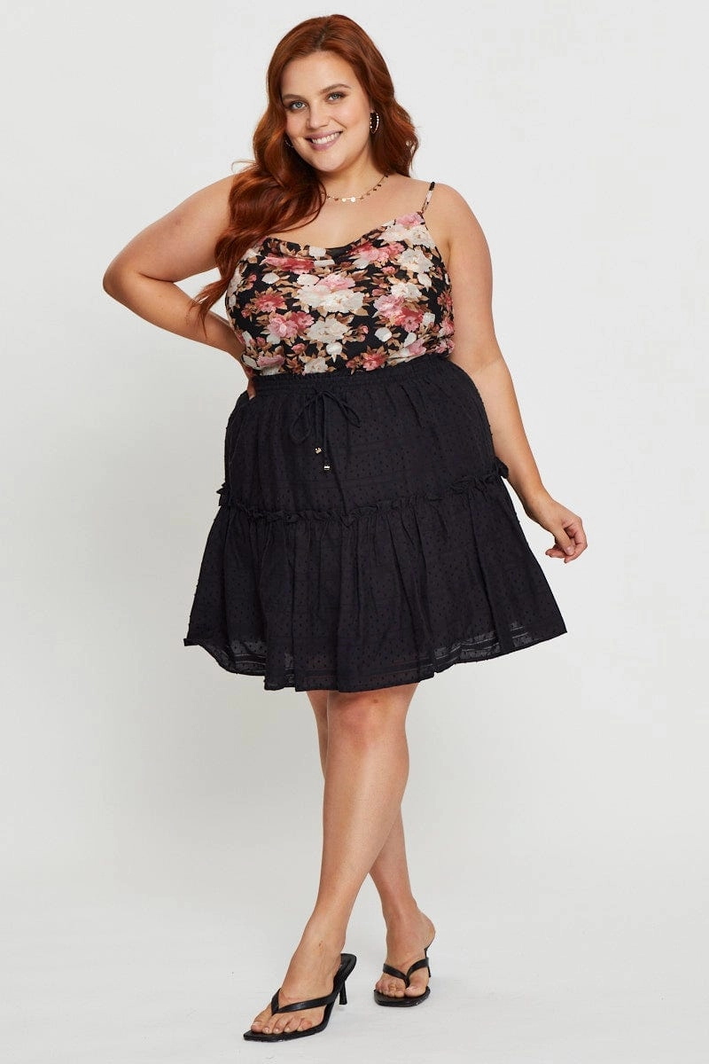 Black Mini Skater Skirt Cotton Blend Elastic Waist Adjustable Fastening Simple Outfit
