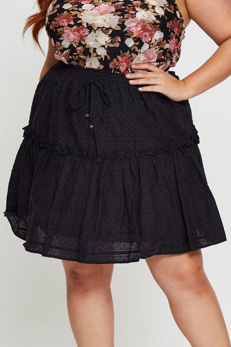 Art Gallery Visit Easy Motion Black Mini Skater Skirt Cotton Blend Elastic Waist