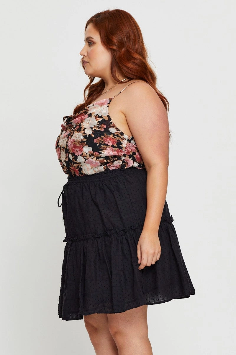 Button Fastenings Black Mini Skater Skirt Cotton Blend Elastic Waist