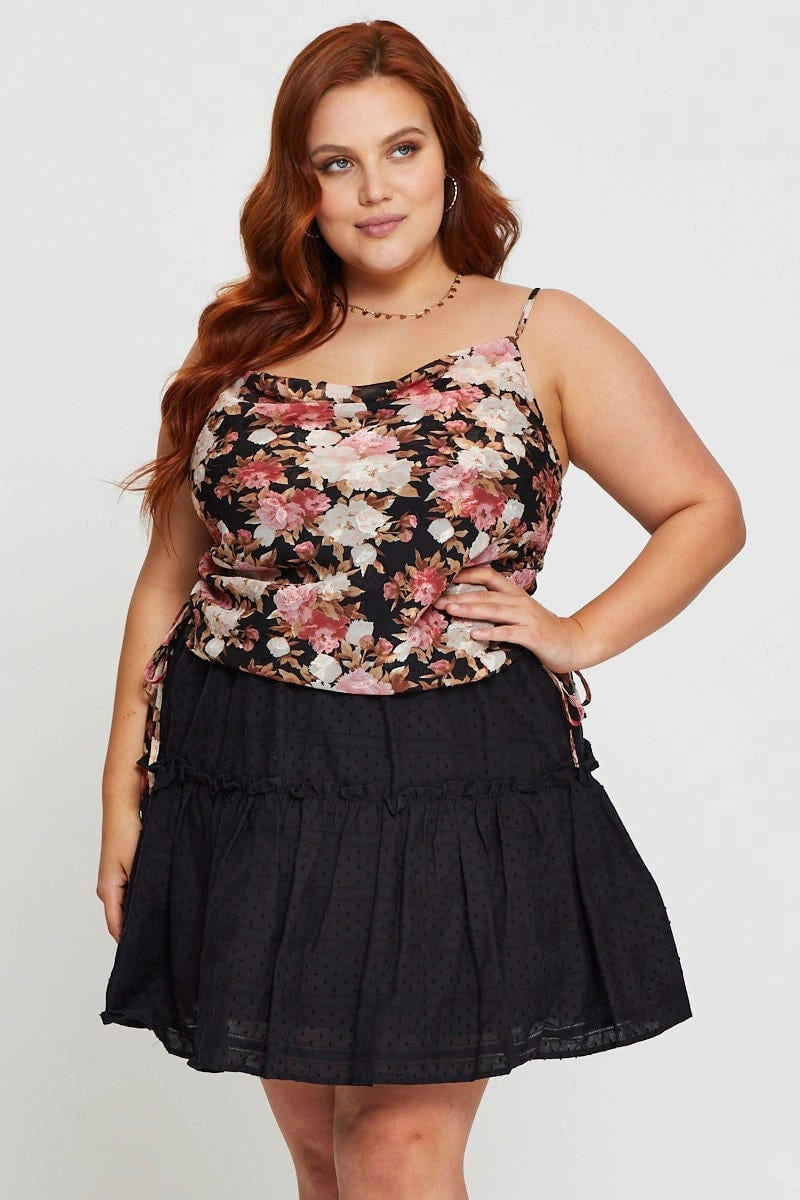 Black Mini Skater Skirt Cotton Blend Elastic Waist Urban Edge