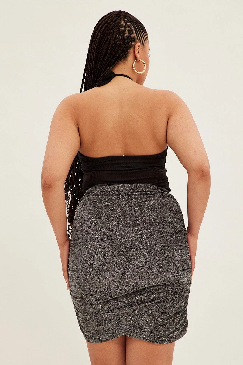 Black Mini Skirt Lurex Elastic Waist Ruched Outfit Diary