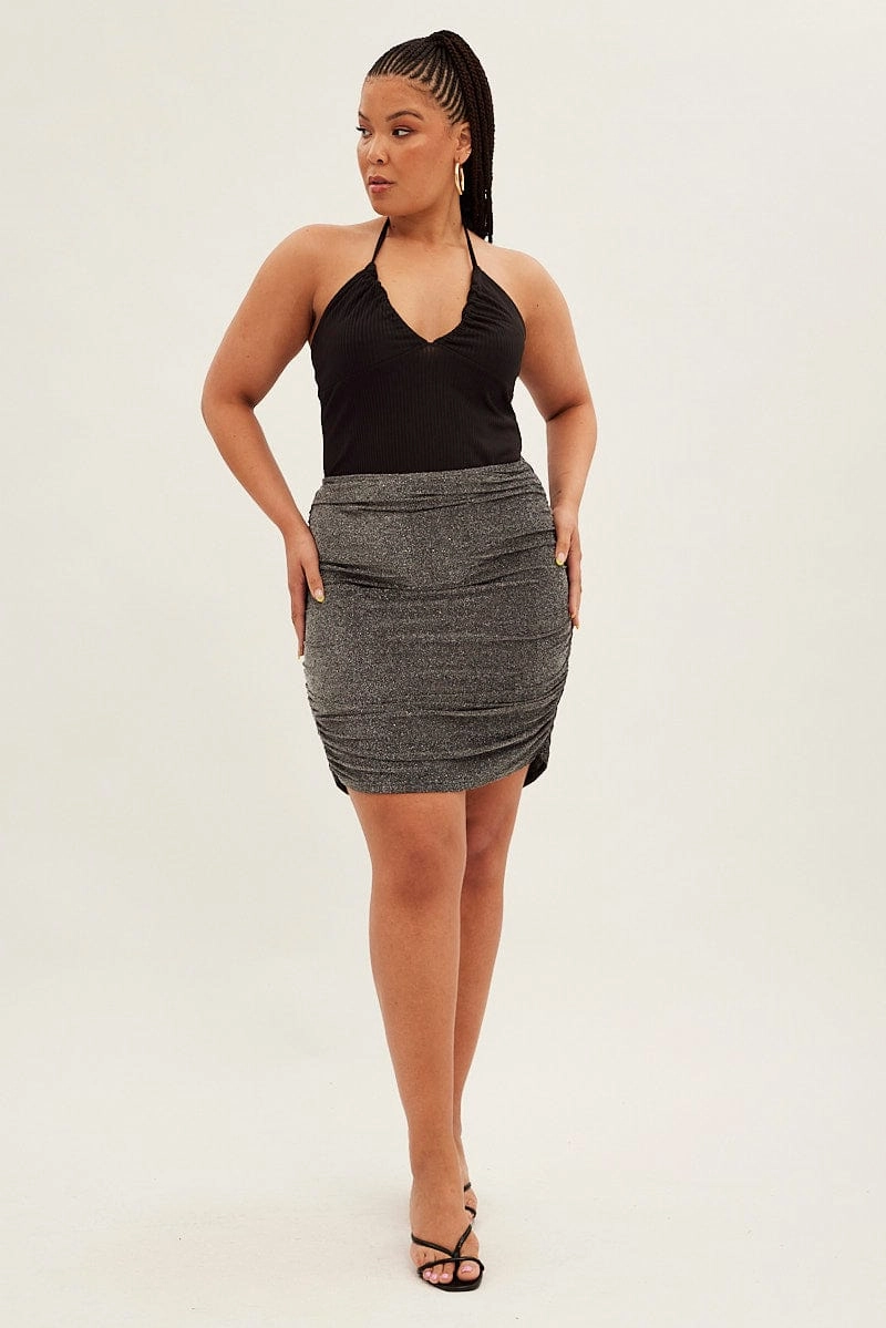 Black Mini Skirt Lurex Elastic Waist Ruched Fair trade Red Carpet Look