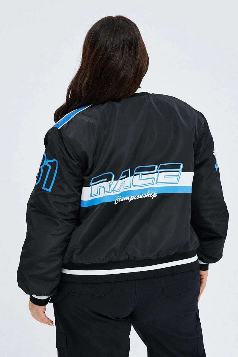 Adjustable Cuff Black Motocross Jacket Bomber Padded Logo