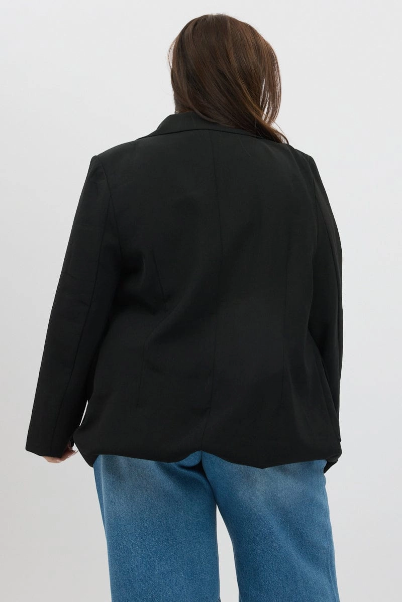 Stretchable Waistband Simple Look Black Oversized Lined Two Button Blazer