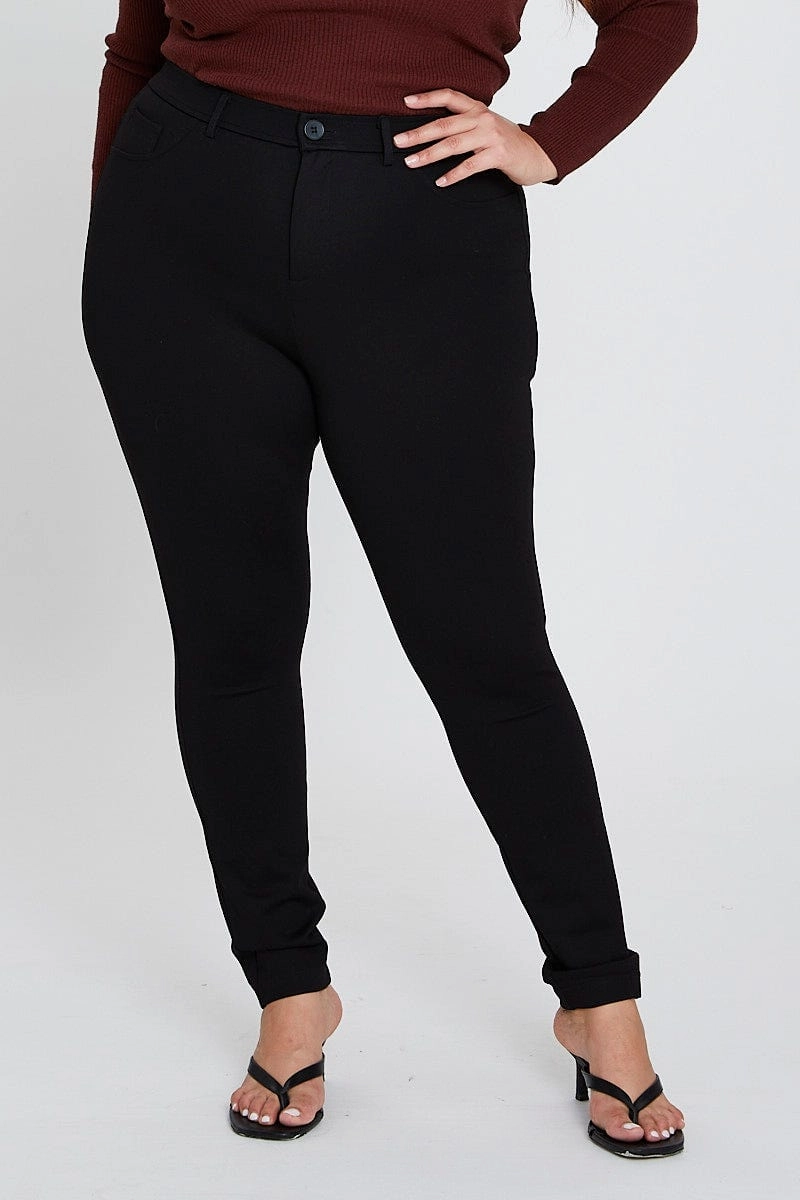 Black Pants Mid Rise Ponte Button Front RegularFit Basic Utility