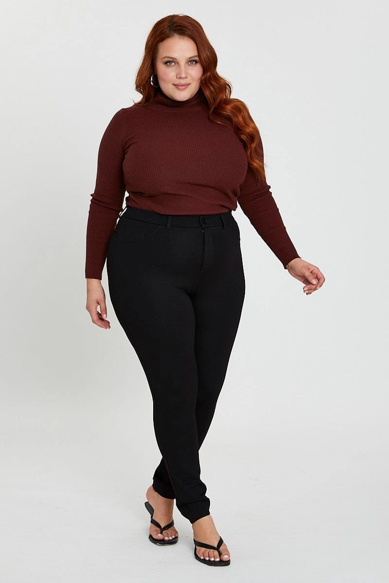 Seasonless wear NonRestrictiveFit Black Pants Mid Rise Ponte Button Front