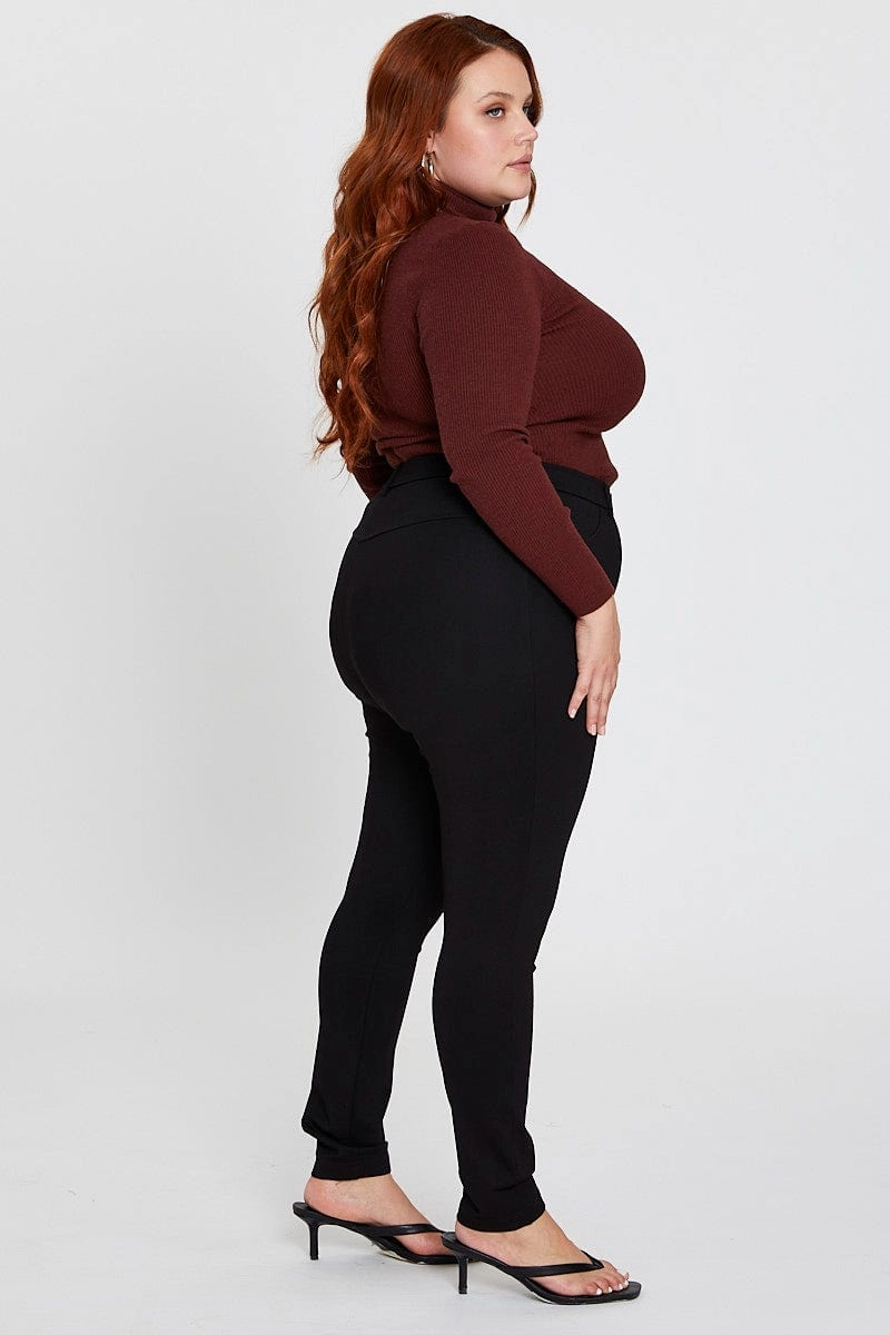 Black Pants Mid Rise Ponte Button Front Durable Waistband