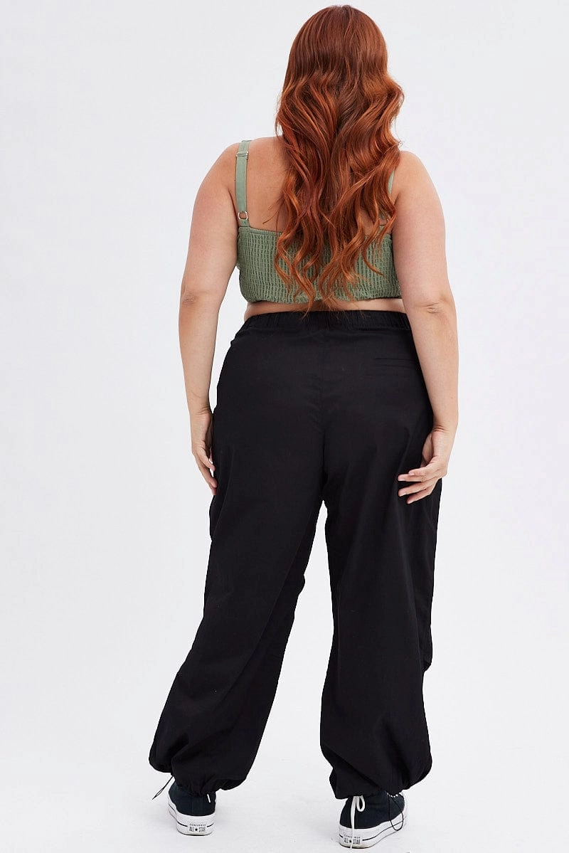 Neutral Style Laser Cut Perforations Black Parachute Cargo Pants Low Rise