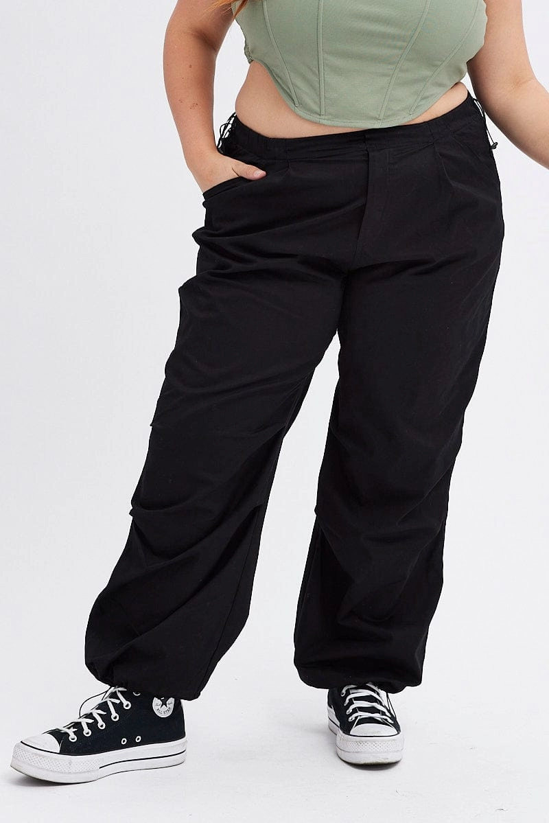 Tapered leg Active Appeal Black Parachute Cargo Pants Low Rise
