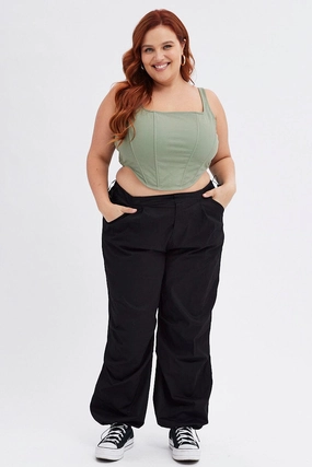Cozy Stretch Fit Black Parachute Cargo Pants Low Rise