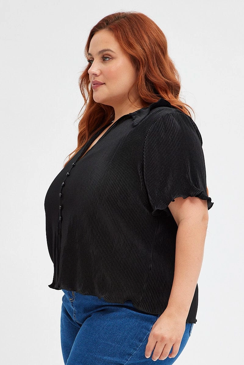 Black Pleated Shirt Short Sleeve Plisse Fashionable Layer