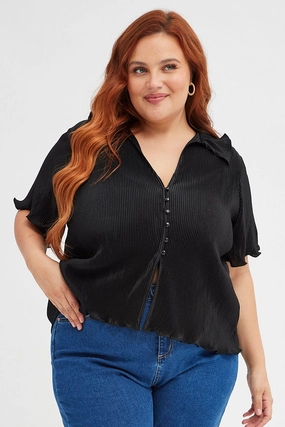 Multi Layer Stitching Black Pleated Shirt Short Sleeve Plisse