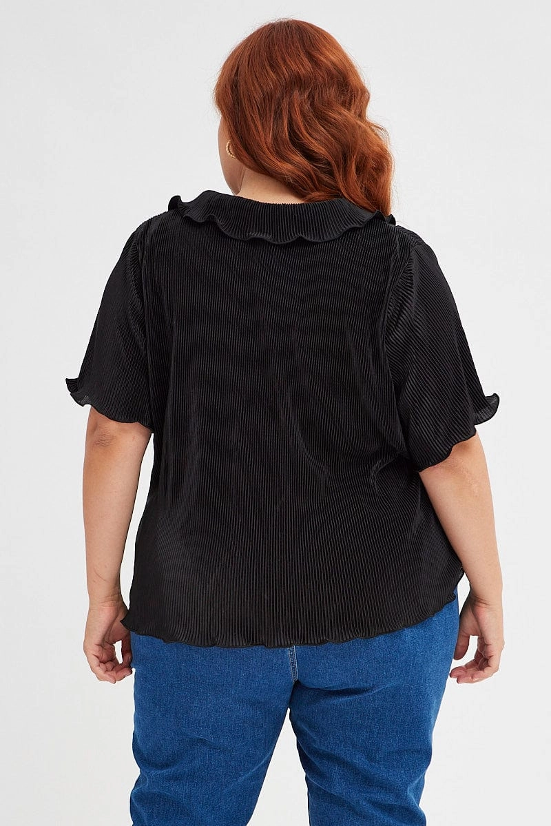 Standalone Option Black Pleated Shirt Short Sleeve Plisse