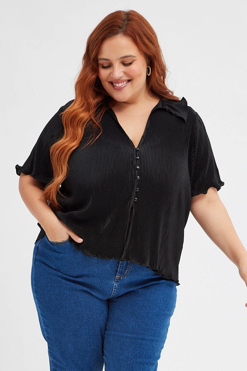 Trendy Look Inner Layer Black Pleated Shirt Short Sleeve Plisse