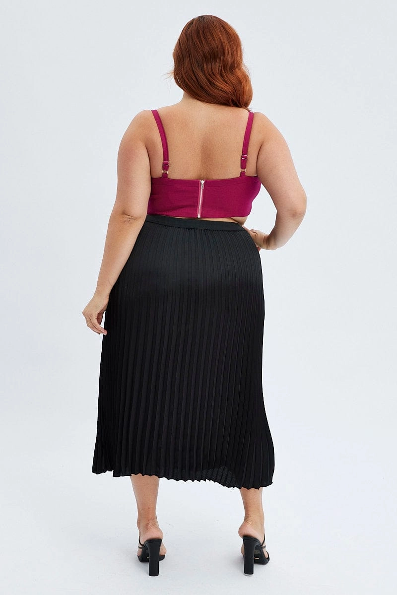 Lined interior Neutral Tones Black Pleated Skirt Midi Elastic Waist Satin