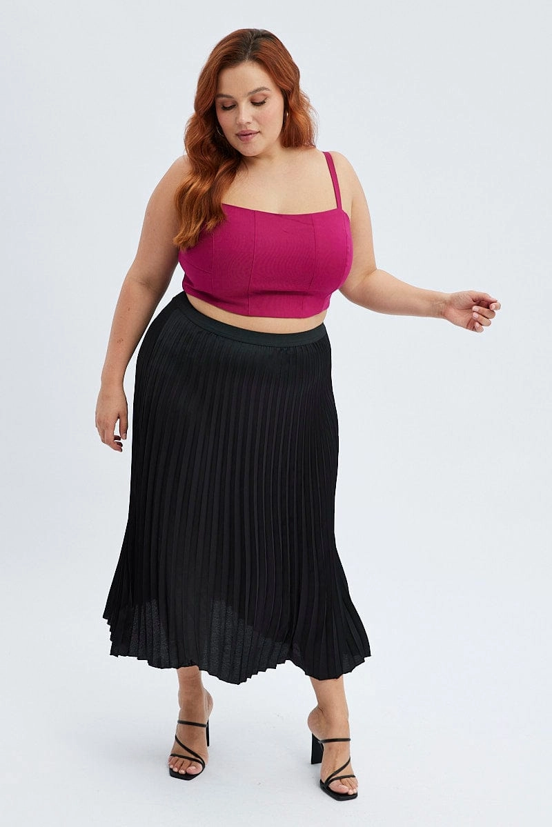 Black Pleated Skirt Midi Elastic Waist Satin Bold Print