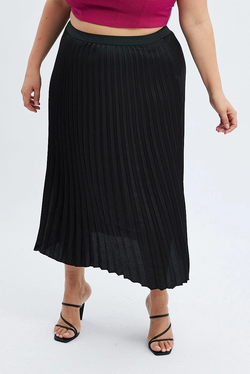 Media Feature Animal Print Black Pleated Skirt Midi Elastic Waist Satin