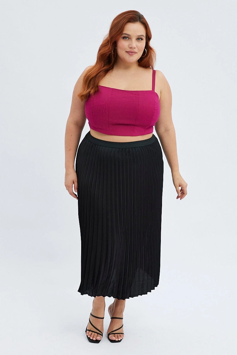 Black Pleated Skirt Midi Elastic Waist Satin Ventilated Panels