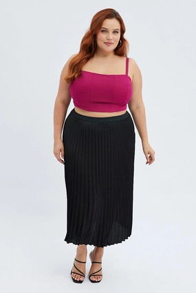 Black Pleated Skirt Midi Elastic Waist Satin Ventilated Panels