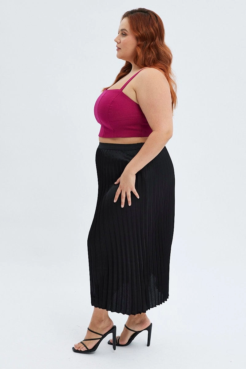 Black Pleated Skirt Midi Elastic Waist Satin Suede Feel Personality Style