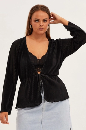 ErgonomicSleeveCut Black Plisse Jacket Tie Front Long Sleeve