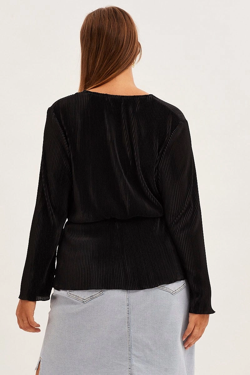 Black Plisse Jacket Tie Front Long Sleeve Thermo Regulating Fabric