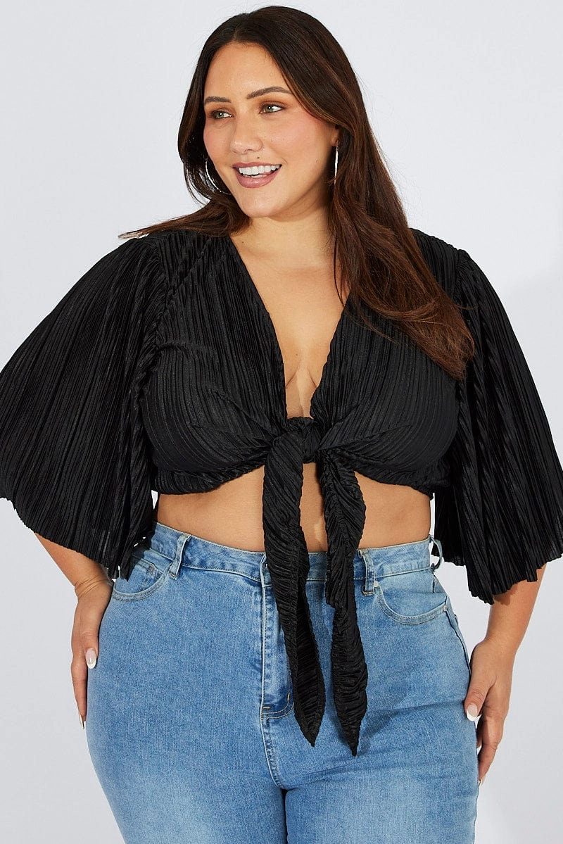 Black Plisse Satin Flare Sleeve Tie Bolero Top Hypoallergenic Padding