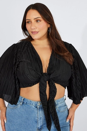 Autumn Ready Black Plisse Satin Flare Sleeve Tie Bolero Top
