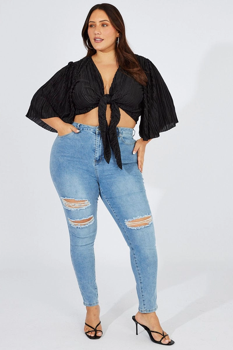 WaterRepellentFabric Black Plisse Satin Flare Sleeve Tie Bolero Top