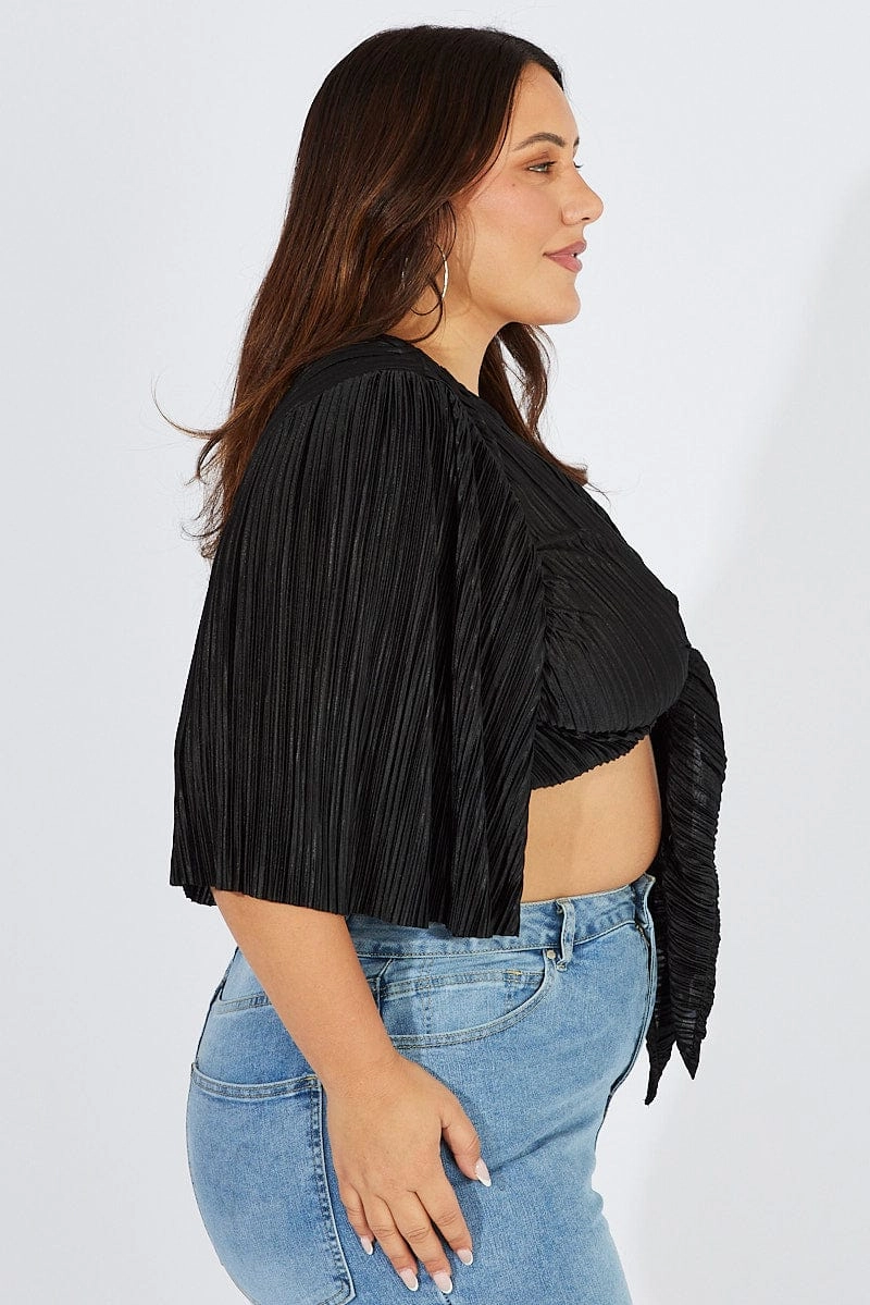 City Chill Style Black Plisse Satin Flare Sleeve Tie Bolero Top