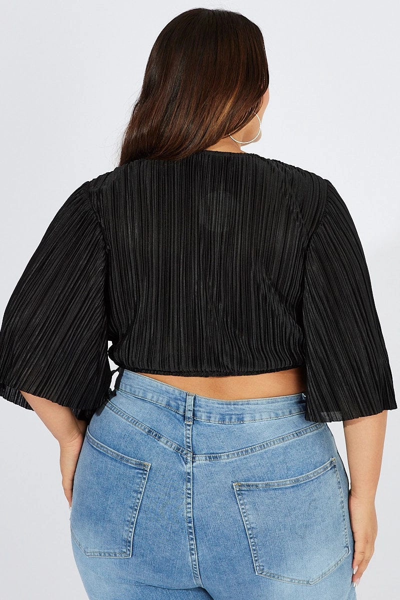 Black Plisse Satin Flare Sleeve Tie Bolero Top City Ready